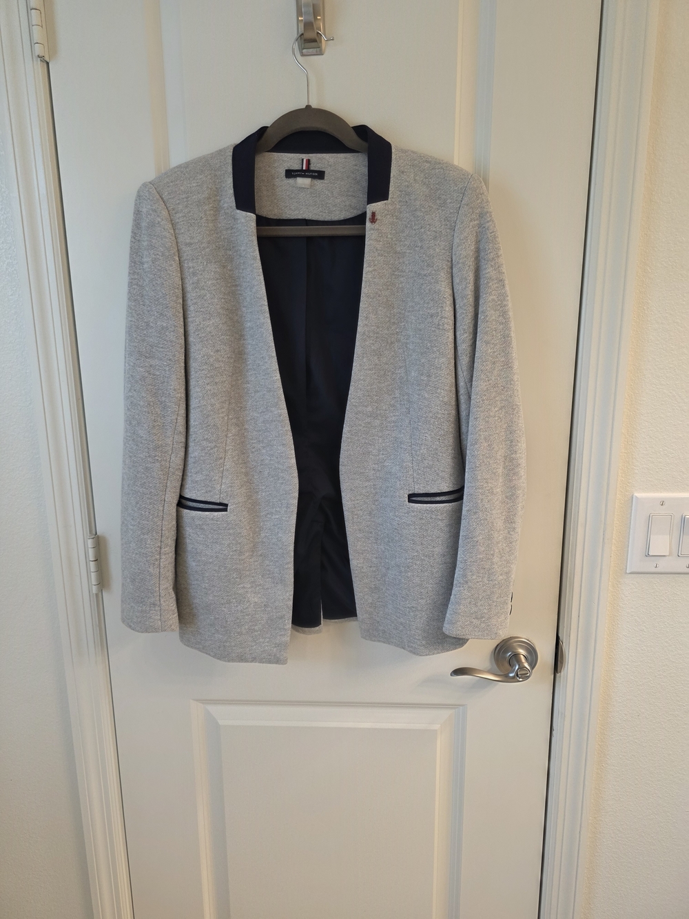 Light Gray Open Front Blazer with Navy Trim- Tommy Hilfiger